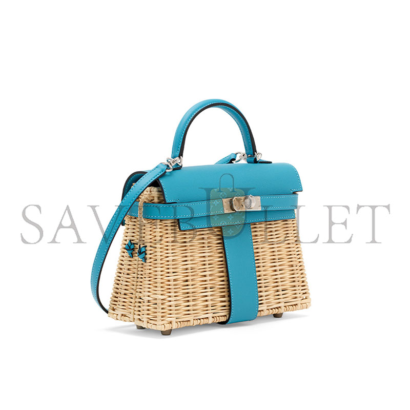 HERMÈS MASTER BLEU DU NORD SWIFT LEATHER & OSIER MINI PICNIC KELLY 20 WITH PALLADIUM HARDWARE (20*14*8cm) 